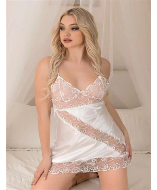 Morliva  Beyaz Dantel İşlemeli İnce Askılı Saten Kısa Fantezi Gecelik