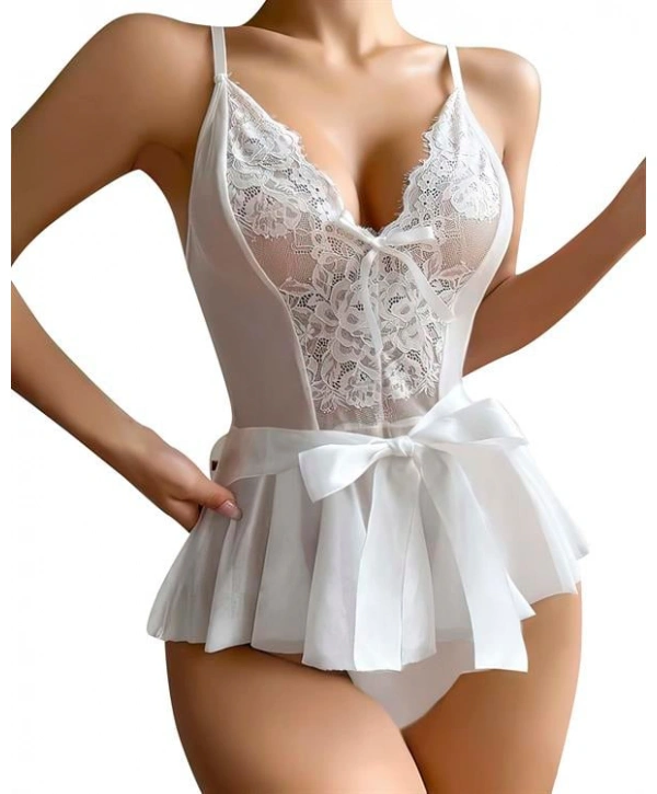 Morliva Beyaz Dantel İşlemeli Kurdelalı Fantezi Tül Babydoll