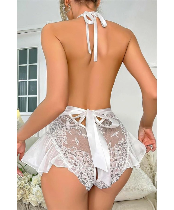 Morliva  Beyaz Dantel İşlemeli Özel Bölgesi Açık Fantezi Kurdelalı Body