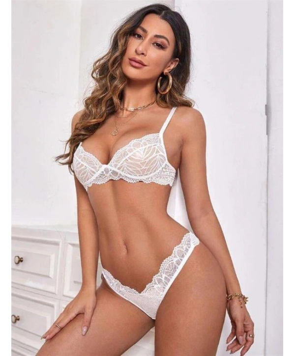 Morliva Beyaz Dantelli Transparan Fantezi Sütyen Takımı
