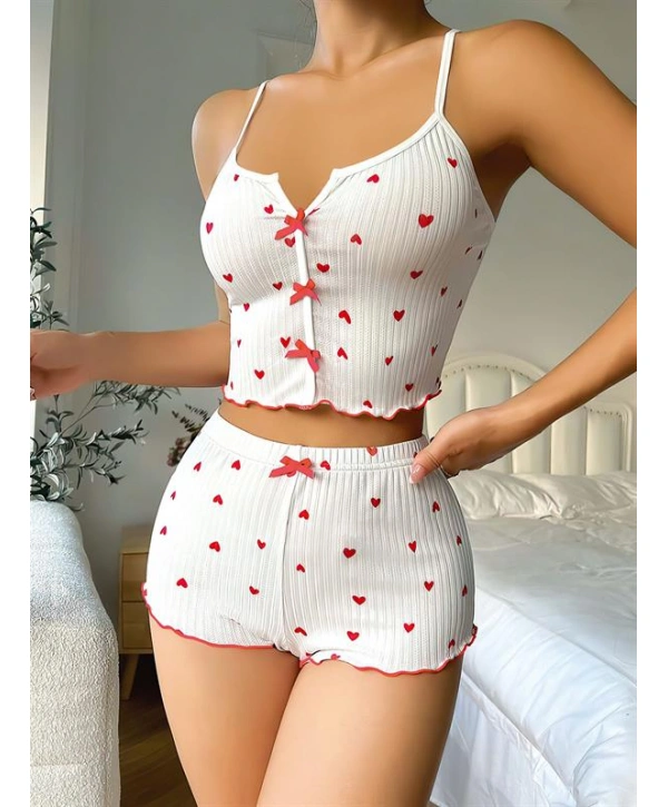 Morliva Beyaz Fiyonk Desenli Kalpli Askılı Şortlu Pijama Takım