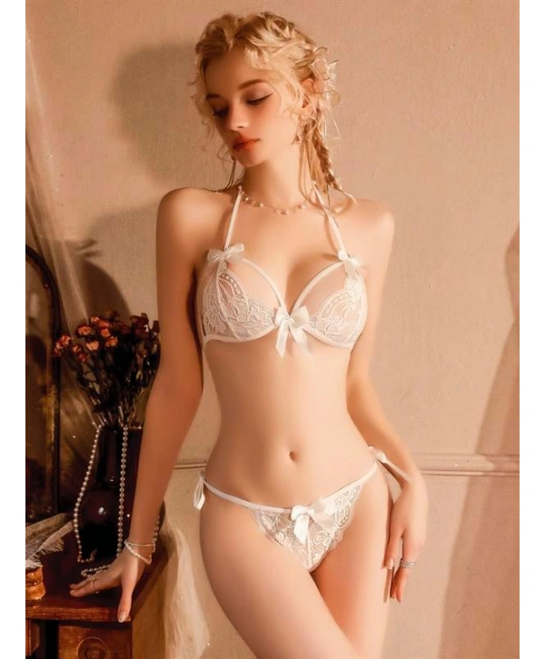 Morliva Beyaz Fiyonklu Fantezi Dantel Sütyen Külot Takım