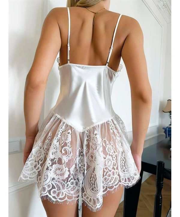 Morliva Beyaz İnce Askılı Dantel İşlemeli Saten Gecelik