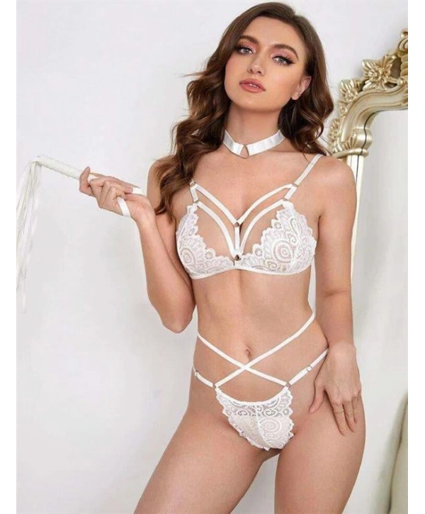 Morliva Beyaz İp Detaylı Transparan Fantezi Sütyen Takımı
