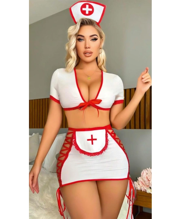 Morliva Beyaz Kenarları İp Detaylı Fantezi Hemşire Kostüm