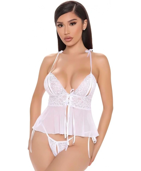Morliva Beyaz Özel Bölgesi Açık İp Detaylı Büstiyer Fantezi Takım