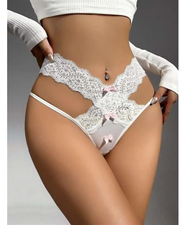 Morliva Beyaz Pembe Kurdelalı Dantelli Fantezi String Tanga