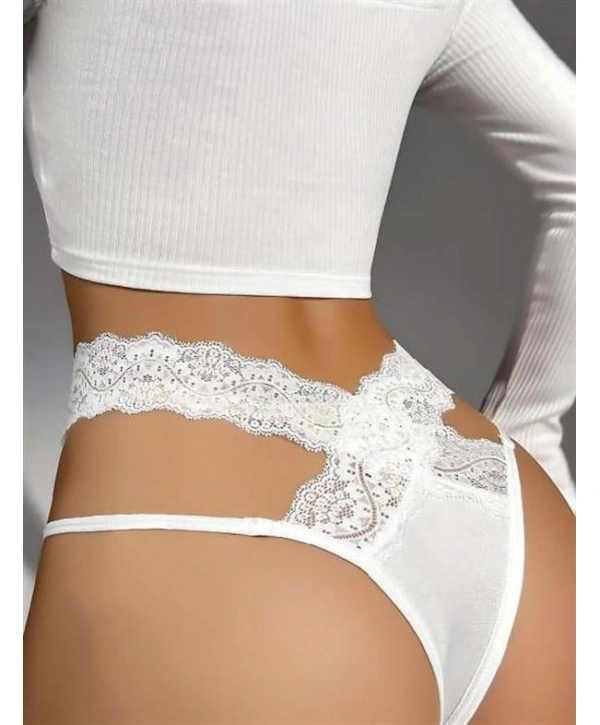 Morliva Beyaz Pembe Kurdelalı Dantelli Fantezi String Tanga