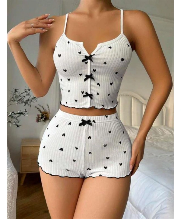 Morliva Beyaz Üstüne Siyah Kalp Desenli Askılı Şortlu Pijama Takımı