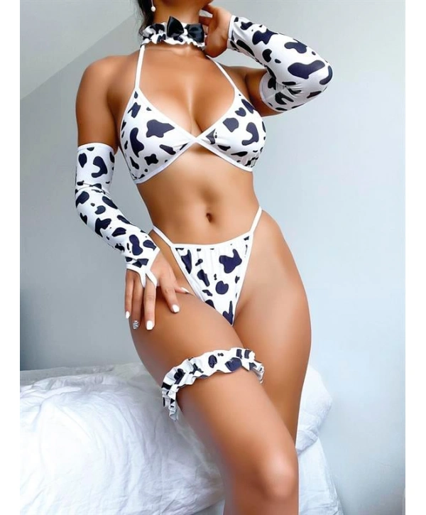 Beyaz Zebra Desenli Eldiven ve Bacak Bantlı Şık Fantezi Sütyen Külot Takımı