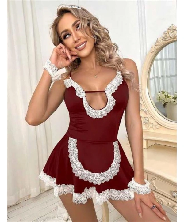 Morliva Bordo Beyaz Aksesuarlı Dantelli Fantezi Hizmetçi Kostümü