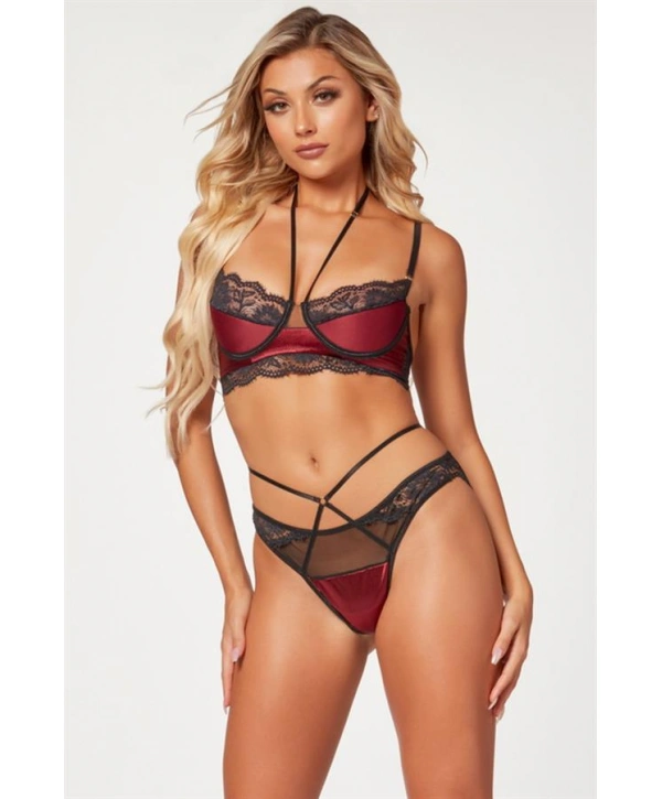 Bordo Dantel İşlemeli Fantezi Sütyen Külot Takımı