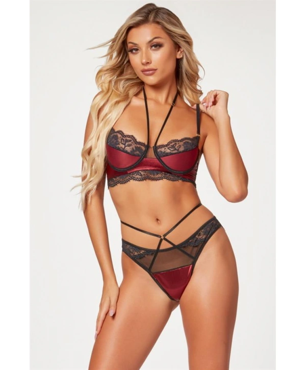 Bordo Dantel İşlemeli Fantezi Sütyen Külot Takımı
