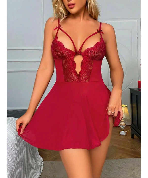 Morliva  Bordo Dantel İşlemeli Göğüs İp Detaylı Fantezi Tül Gecelik Takımı