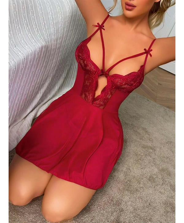 Morliva  Bordo Dantel İşlemeli Göğüs İp Detaylı Fantezi Tül Gecelik Takımı