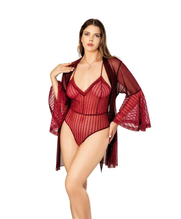 Bordo Sırt Detaylı Fantezi Tül Gecelik Body