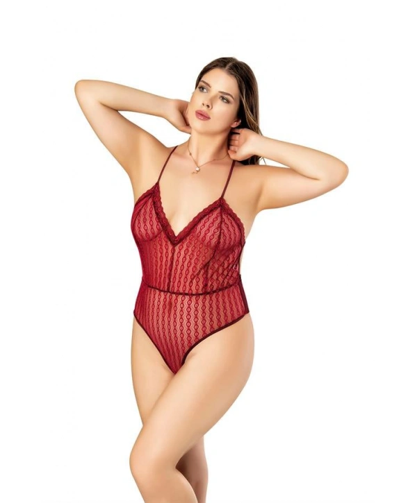 Bordo Sırt Detaylı Fantezi Tül Gecelik Body