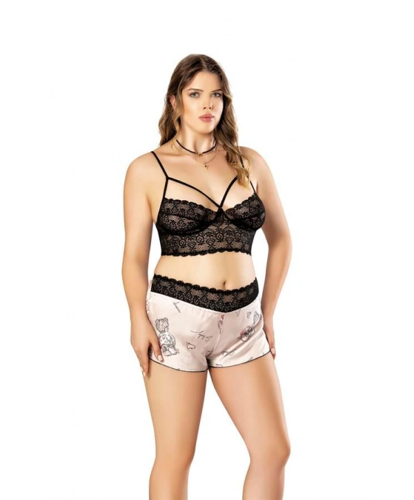 Morliva Büyük Beden Altı Şirin Desenli Üstü Dantel Fantezi Şortlu Saten Gecelik