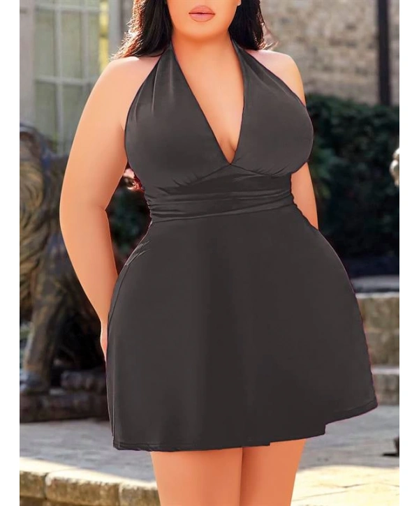 Morliva  Büyük Beden Antrasit Boyundan Bağlamalı Mini Gecelik