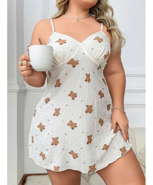 Morliva  Büyük Beden Ayıcık Desenli Pamuklu İnce Askılı Mini Gecelik