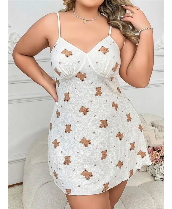 Morliva  Büyük Beden Ayıcık Desenli Pamuklu İnce Askılı Mini Gecelik
