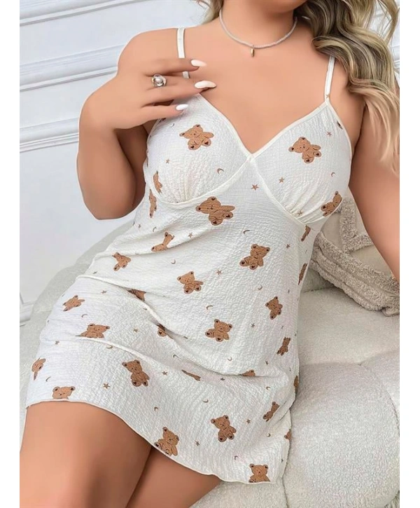 Morliva  Büyük Beden Ayıcık Desenli Pamuklu İnce Askılı Mini Gecelik