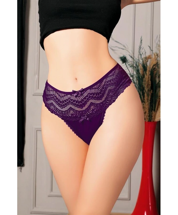 Morliva  Büyük Beden Bel Kısmı Dantelli Fantezi Mor Tanga String