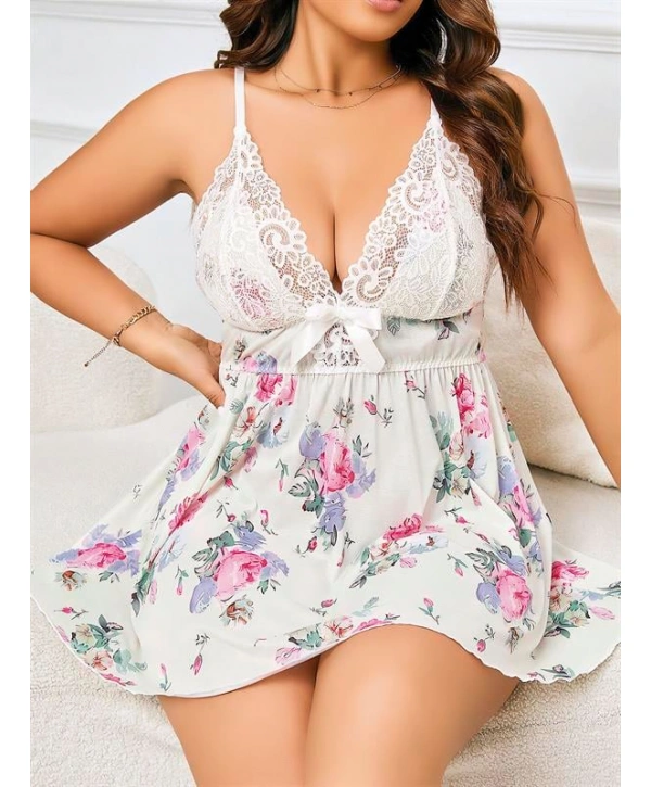 Morliva  Büyük Beden Beyaz Üstüne Çiçek Desenli Dantel İşlemeli İnce Askılı Gecelik