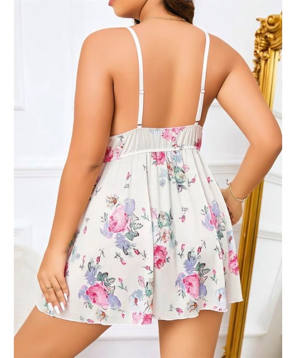 Morliva  Büyük Beden Beyaz Üstüne Çiçek Desenli Dantel İşlemeli İnce Askılı Gecelik