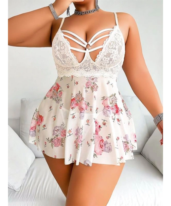 Morliva Büyük Beden Beyaz Üstüne Çiçek Desenli Dantel İşlemeli İnce Askılı Mini Gecelik