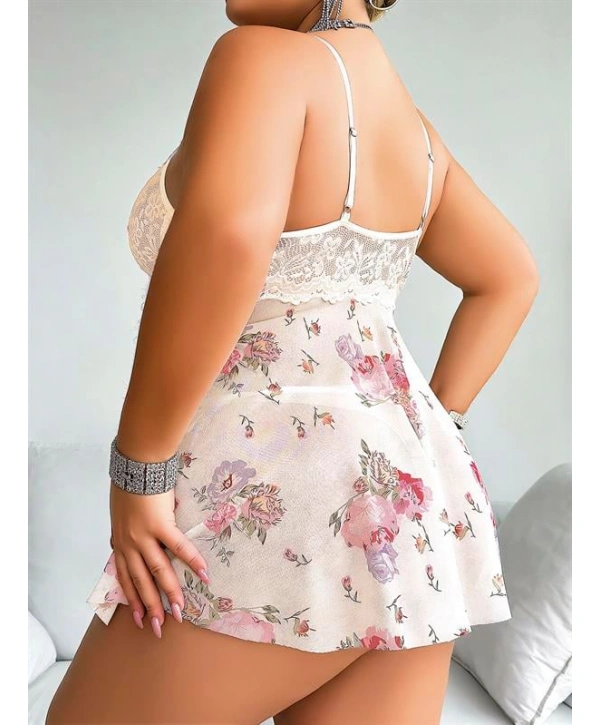 Morliva Büyük Beden Beyaz Üstüne Çiçek Desenli Dantel İşlemeli İnce Askılı Mini Gecelik