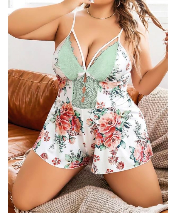 Morliva  Büyük Beden Beyaz Üstüne Çiçek Desenli Dantel İşlemeli İnce Askılı Şort Gecelik