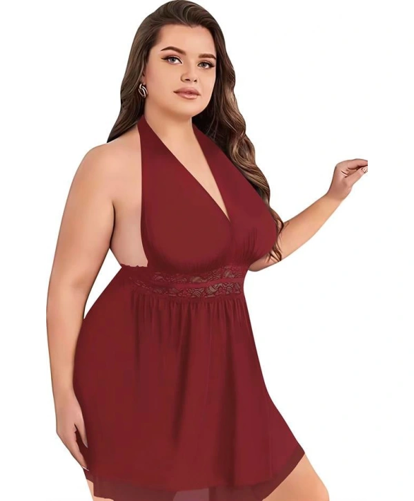 Morliva Büyük Beden Bordo Dantel İşlemeli Boyundan Bağlamalı Fantezi Tül Gecelik