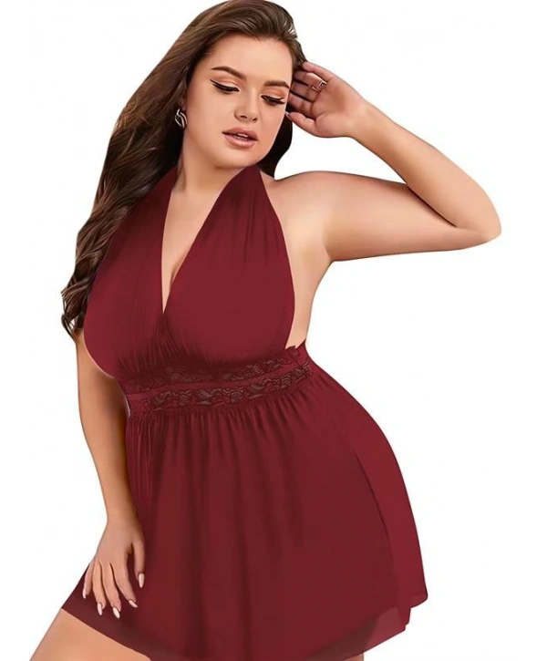 Morliva Büyük Beden Bordo Dantel İşlemeli Boyundan Bağlamalı Fantezi Tül Gecelik