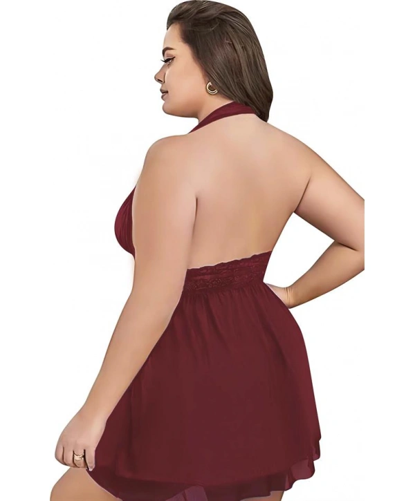 Morliva Büyük Beden Bordo Dantel İşlemeli Boyundan Bağlamalı Fantezi Tül Gecelik