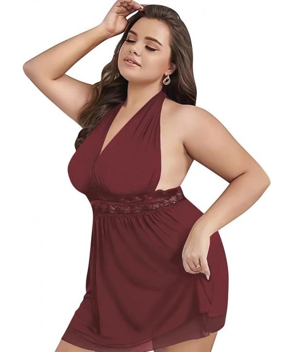 Morliva Büyük Beden Bordo Dantel İşlemeli Boyundan Bağlamalı Fantezi Tül Gecelik