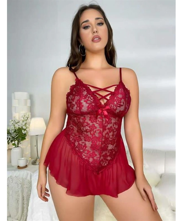 Morliva Büyük Beden Bordo Dantel İşlemeli Fırfırlı Fantezi Babydoll