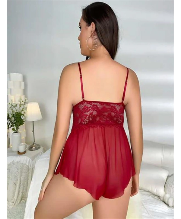 Morliva Büyük Beden Bordo Dantel İşlemeli Fırfırlı Fantezi Babydoll