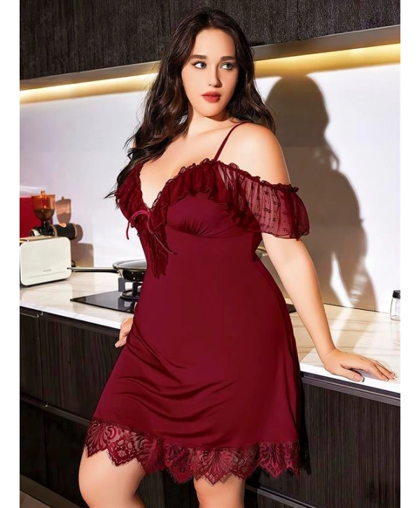 Morliva Büyük Beden Bordo Dantel İşlemeli İnce Askılı Gecelik