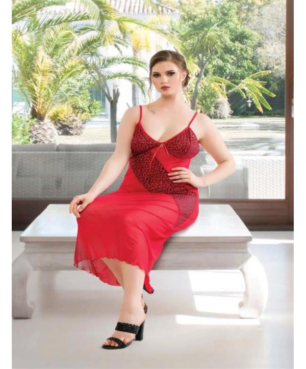 Morliva Büyük Beden Bordo Leopar Desen Tül Fantezi Uzun Gecelik