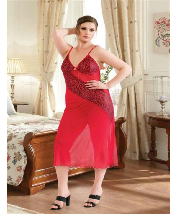 Morliva Büyük Beden Bordo Leopar Desen Tül Fantezi Uzun Gecelik