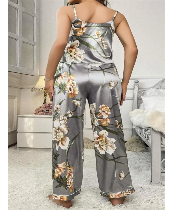 Morliva  Büyük Beden Çiçek Desenli İnce Askılı Gri 2li Takım