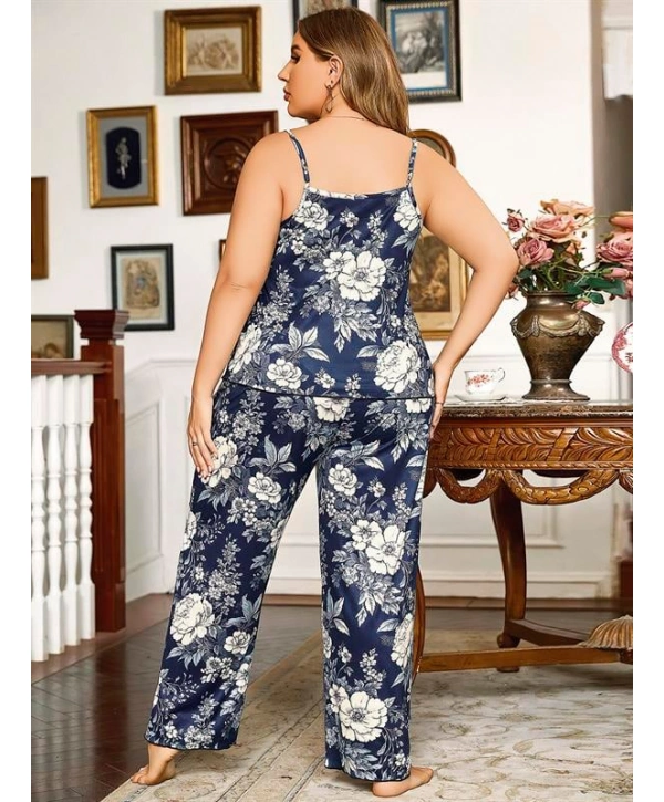 Morliva  Büyük Beden Çiçek Desenli İnce Askılı Lacivert 2li Takım