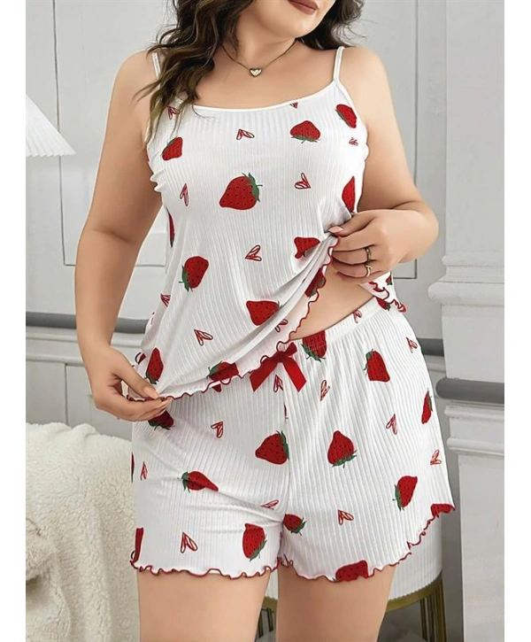 Morliva  Büyük Beden Çilek Desen Pamuklu Şortlu Pijama Takımı