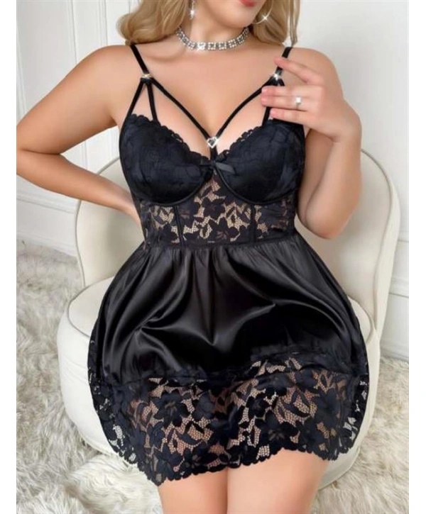 Morliva  Büyük Beden Dantel İşlemeli Göğüs İp Detaylı Siyah Saten Gecelik