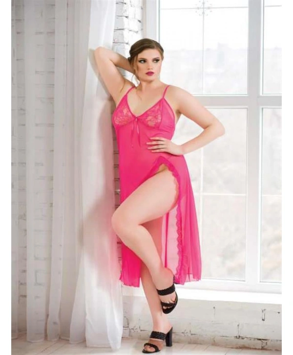 Morliva  Büyük Beden Fuşya Dantelli Tül Fantezi Uzun Yırtmaçlı Gecelik