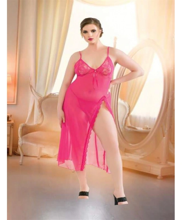 Morliva  Büyük Beden Fuşya Dantelli Tül Fantezi Uzun Yırtmaçlı Gecelik