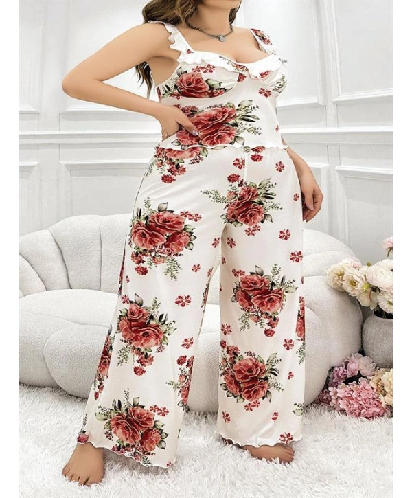 Morliva Büyük Beden Gül Desenli İnce Askılı Beyaz Salaş 2li Takım