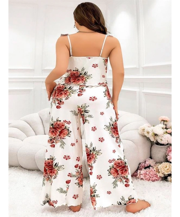 Morliva Büyük Beden Gül Desenli İnce Askılı Beyaz Salaş 2li Takım