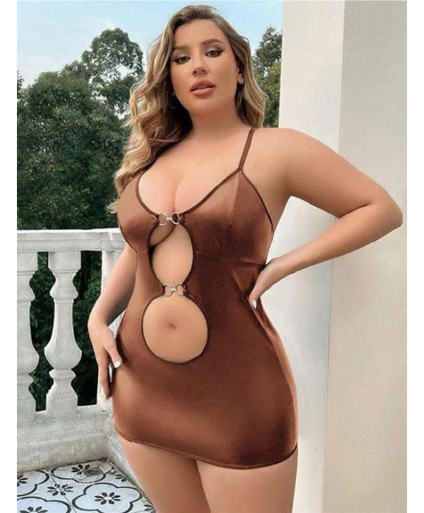 Morliva Büyük Beden Kahverengi Deri Metal Aksesuarlı Fantezi Elbise